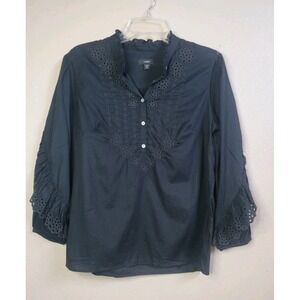 J. Crew Black Eyelet Lace Ruffle Sleeve Blouse Peasant Cotton Top Sz XS